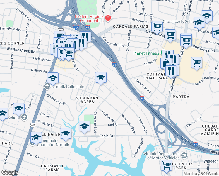 map of restaurants, bars, coffee shops, grocery stores, and more near 400 Virginian Drive in Norfolk