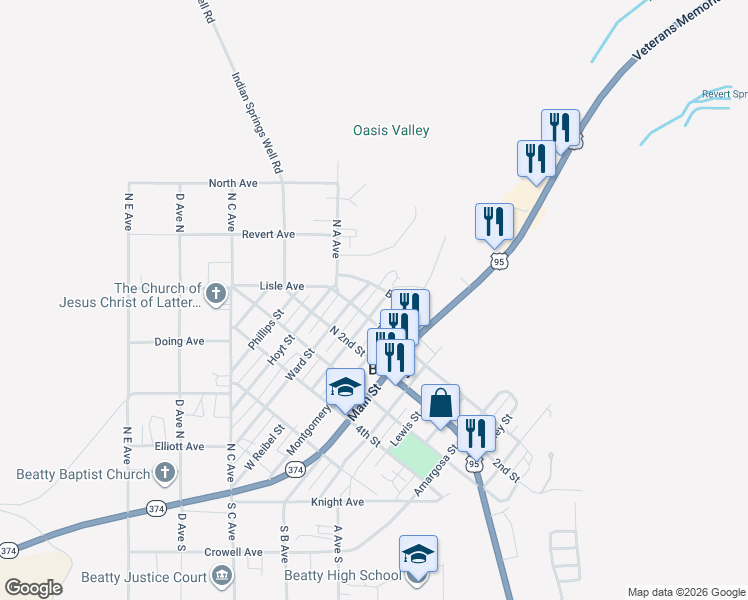 map of restaurants, bars, coffee shops, grocery stores, and more near East Reibel Street in Beatty