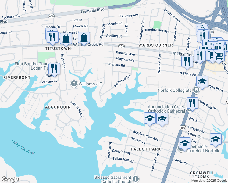 map of restaurants, bars, coffee shops, grocery stores, and more near 7330 Millbrook Road in Norfolk