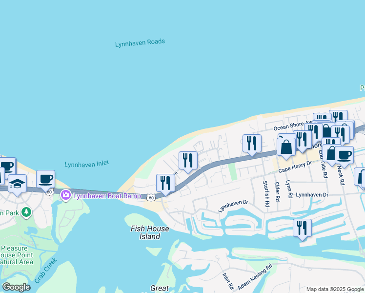 map of restaurants, bars, coffee shops, grocery stores, and more near 2388 Bays Edge Avenue in Virginia Beach