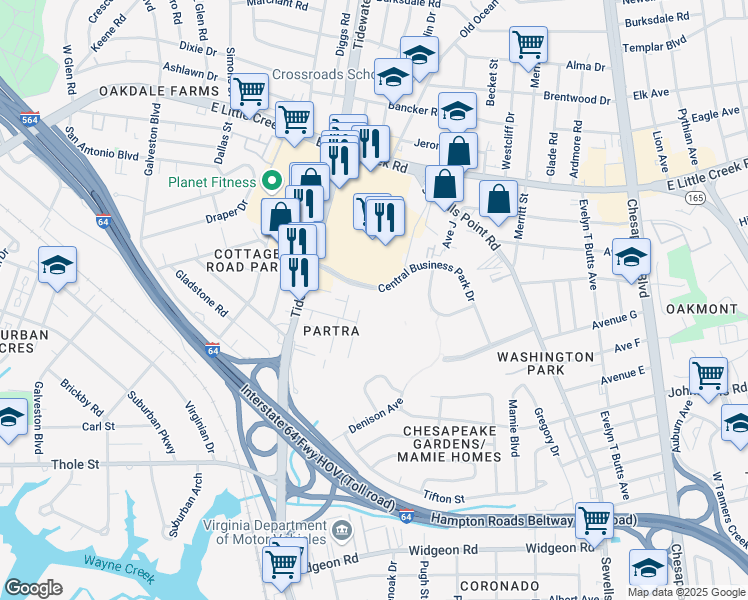 map of restaurants, bars, coffee shops, grocery stores, and more near 7671 Central Business Park Drive in Norfolk