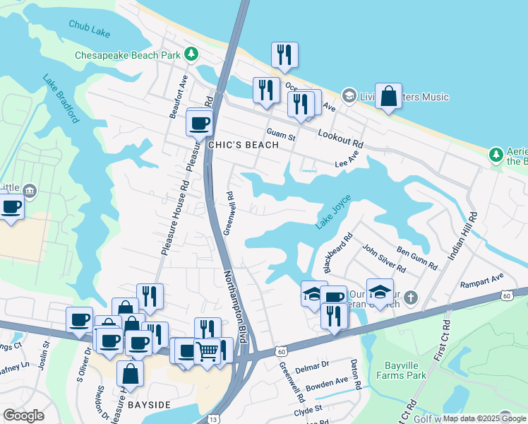 map of restaurants, bars, coffee shops, grocery stores, and more near 4517 Powells Point Road in Virginia Beach