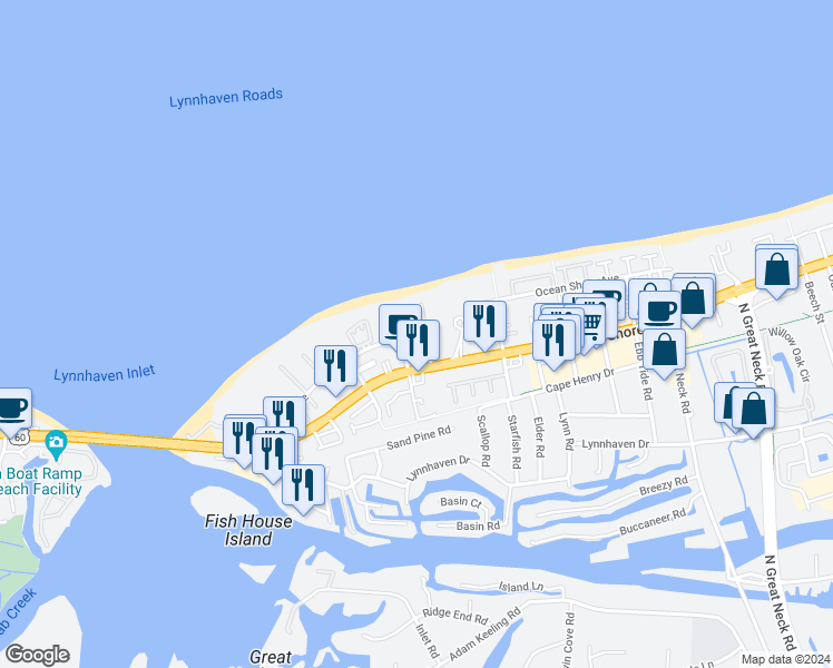 map of restaurants, bars, coffee shops, grocery stores, and more near 2305 Beach Haven Drive in Virginia Beach