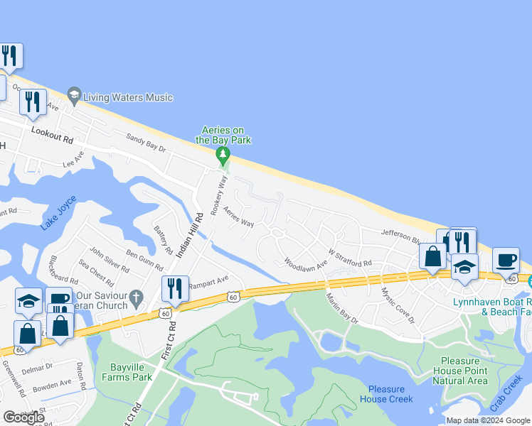 map of restaurants, bars, coffee shops, grocery stores, and more near 2313 King Bird Lane in Virginia Beach