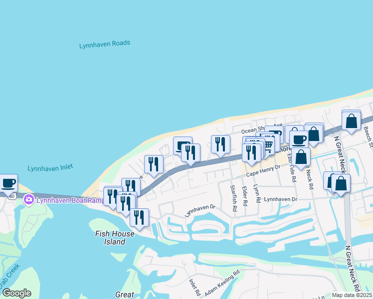 map of restaurants, bars, coffee shops, grocery stores, and more near 2300 Shore Sands Court in Virginia Beach