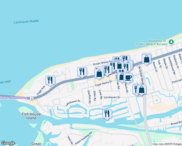 map of restaurants, bars, coffee shops, grocery stores, and more near 2301 Urchin Road in Virginia Beach
