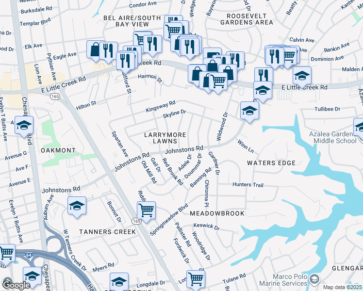map of restaurants, bars, coffee shops, grocery stores, and more near 7404 Patrician Road in Norfolk