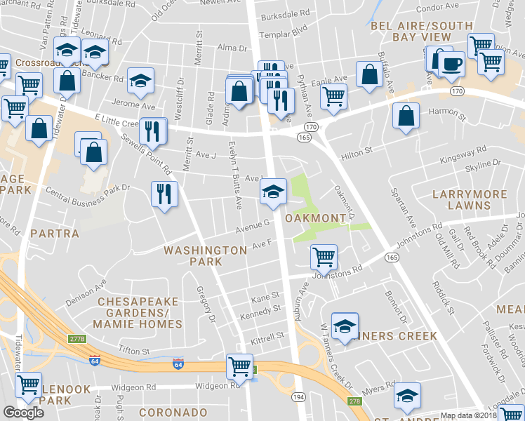 map of restaurants, bars, coffee shops, grocery stores, and more near 7420 Hooper Street in Norfolk
