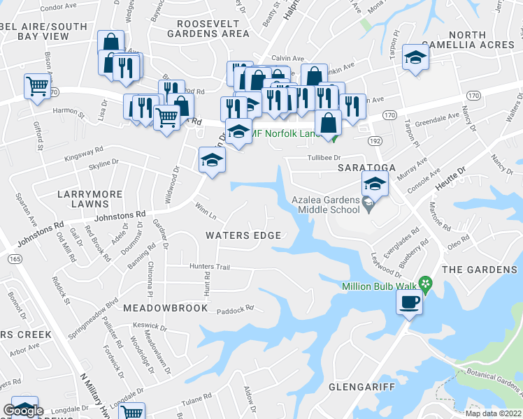 map of restaurants, bars, coffee shops, grocery stores, and more near 7119 Grayfalcon Drive in Norfolk