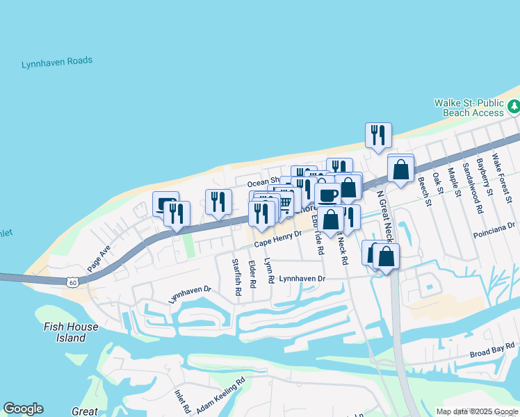 map of restaurants, bars, coffee shops, grocery stores, and more near 2984 Shore Drive in Virginia Beach