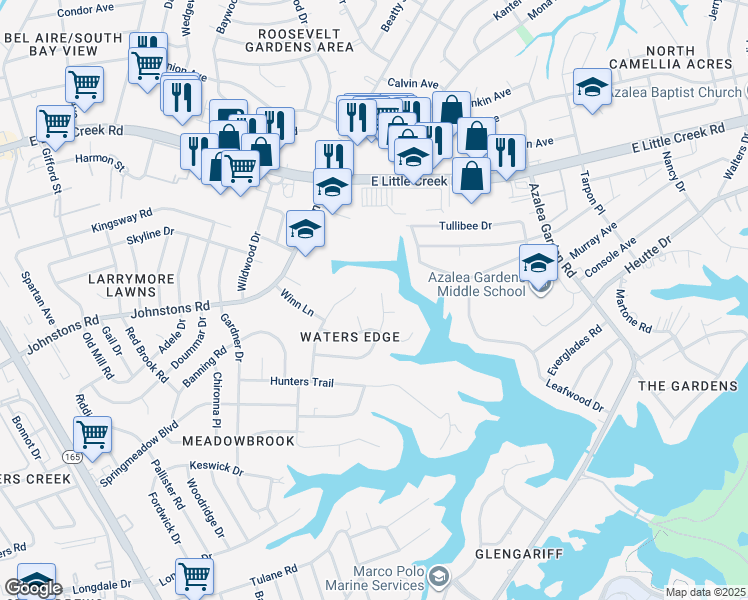 map of restaurants, bars, coffee shops, grocery stores, and more near 7119 Grayfalcon Drive in Norfolk