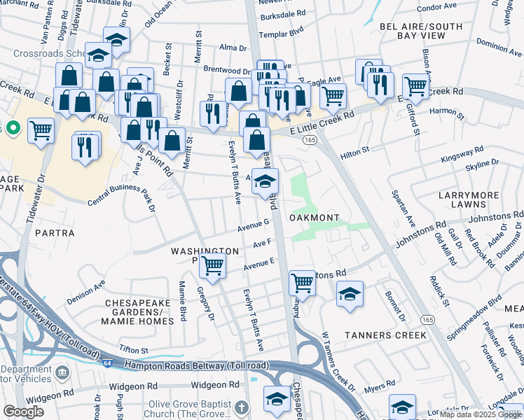 map of restaurants, bars, coffee shops, grocery stores, and more near 7420 Hooper Street in Norfolk