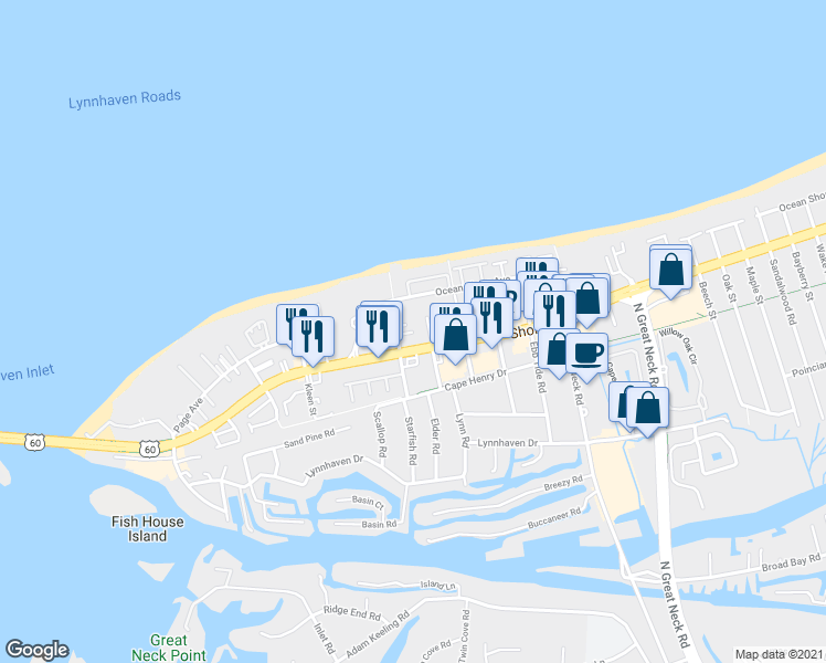 map of restaurants, bars, coffee shops, grocery stores, and more near 2301 Urchin Road in Virginia Beach