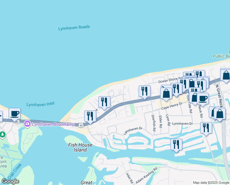 map of restaurants, bars, coffee shops, grocery stores, and more near 3167 Silver Sands Circle in Virginia Beach