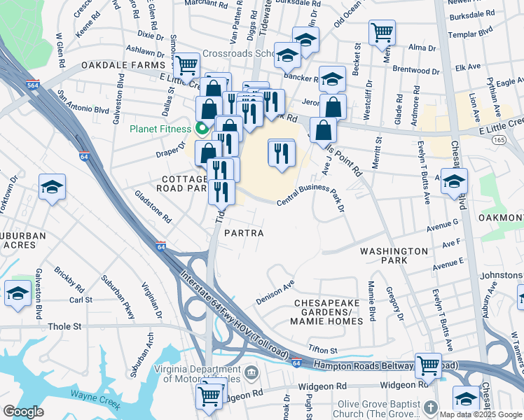 map of restaurants, bars, coffee shops, grocery stores, and more near 7461 Fenner Street in Norfolk