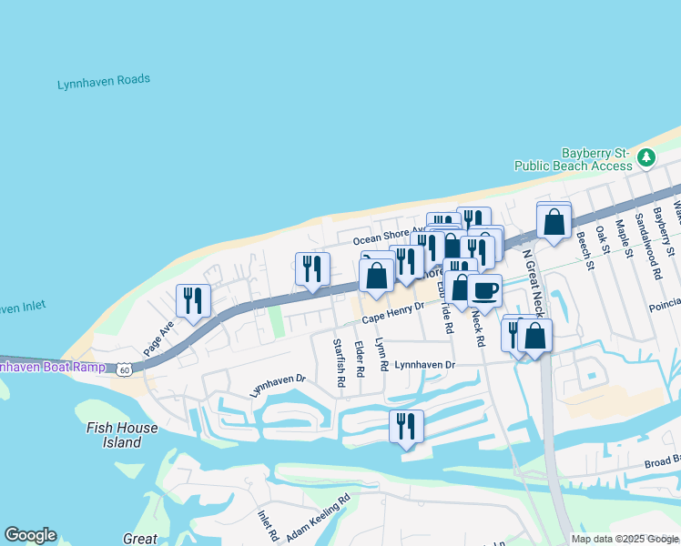 map of restaurants, bars, coffee shops, grocery stores, and more near 2301 Urchin Road in Virginia Beach