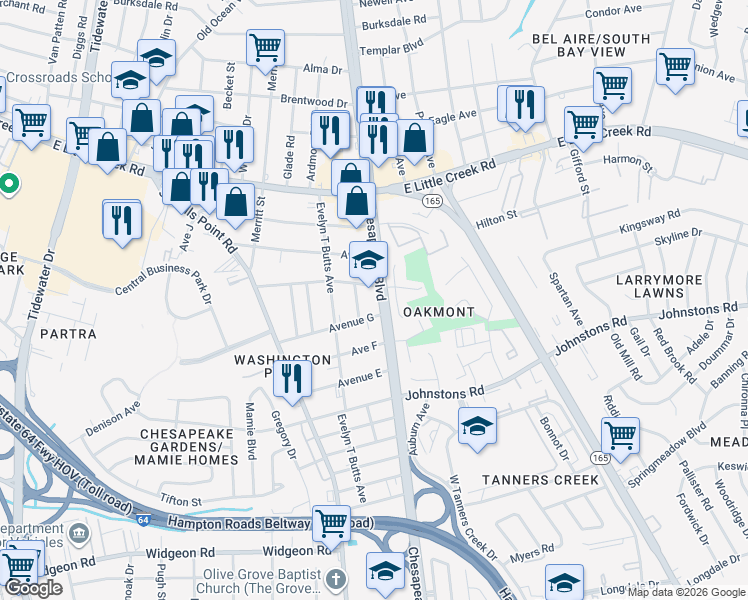 map of restaurants, bars, coffee shops, grocery stores, and more near 7409 Hooper Street in Norfolk