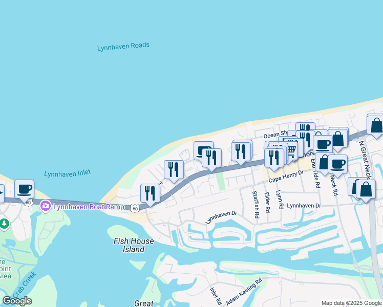 map of restaurants, bars, coffee shops, grocery stores, and more near 3159 Silver Sands Circle in Virginia Beach