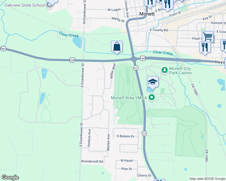 map of restaurants, bars, coffee shops, grocery stores, and more near 215 Miller Way in Monett