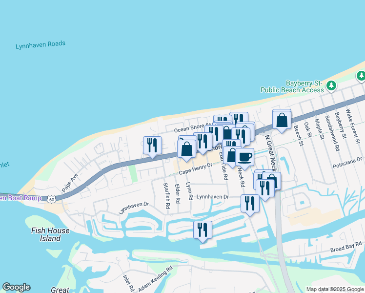 map of restaurants, bars, coffee shops, grocery stores, and more near 2993 Shore Drive in Virginia Beach