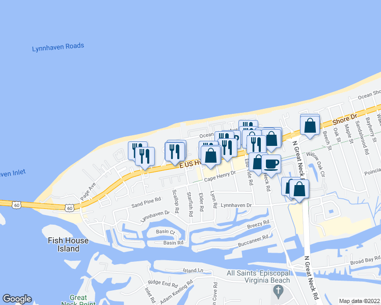 map of restaurants, bars, coffee shops, grocery stores, and more near 2301 Urchin Road in Virginia Beach