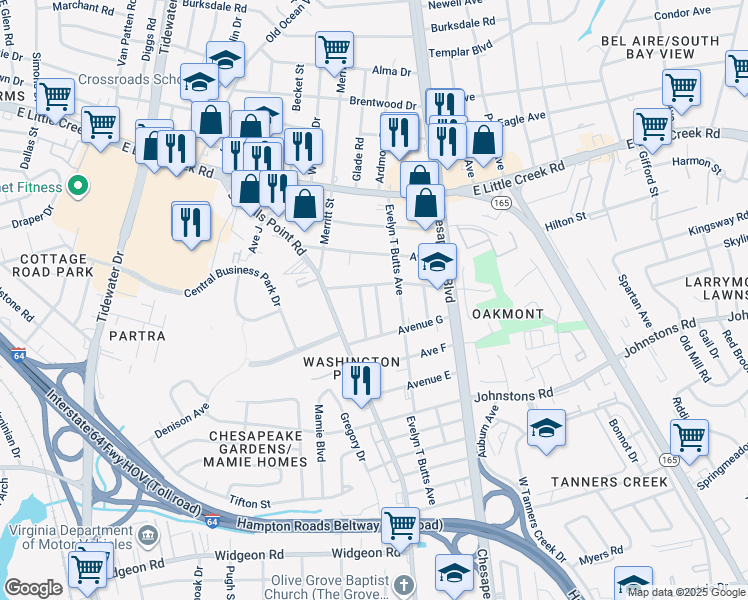 map of restaurants, bars, coffee shops, grocery stores, and more near 7435 Pomona Street in Norfolk