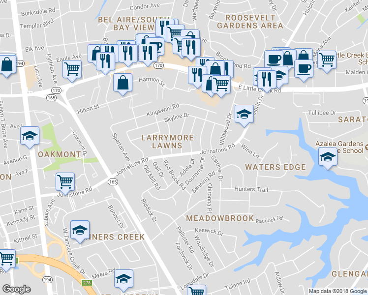 map of restaurants, bars, coffee shops, grocery stores, and more near 7404 Patrician Road in Norfolk