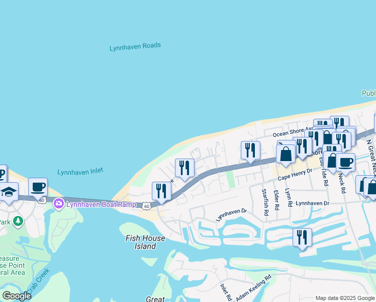 map of restaurants, bars, coffee shops, grocery stores, and more near 2394 Bays Edge Avenue in Virginia Beach