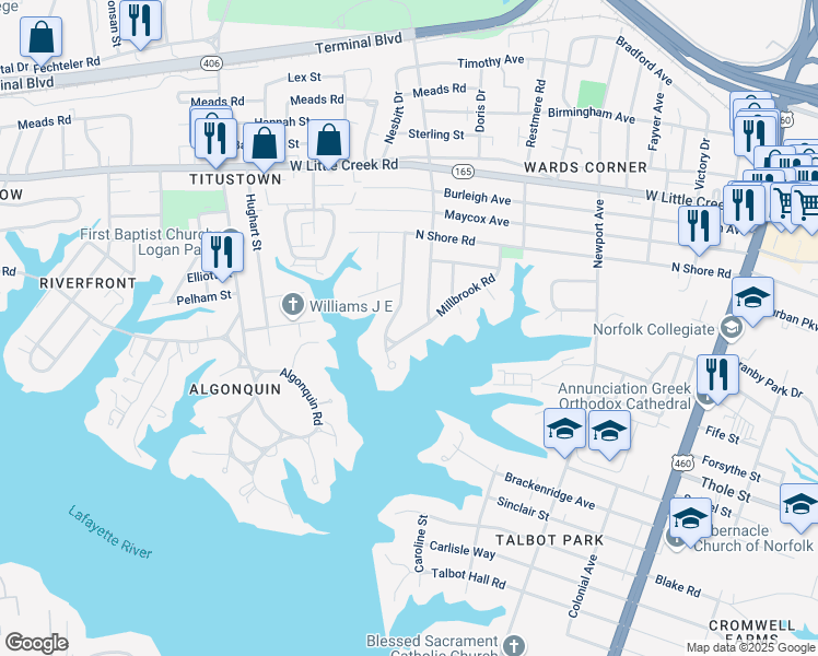 map of restaurants, bars, coffee shops, grocery stores, and more near 7310 Ruthven Road in Norfolk