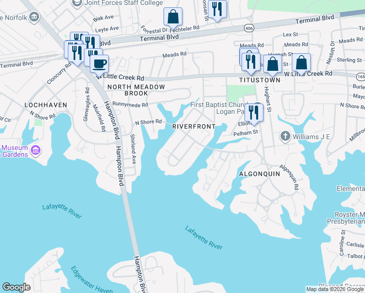 map of restaurants, bars, coffee shops, grocery stores, and more near 7307 Glenroie Avenue in Norfolk