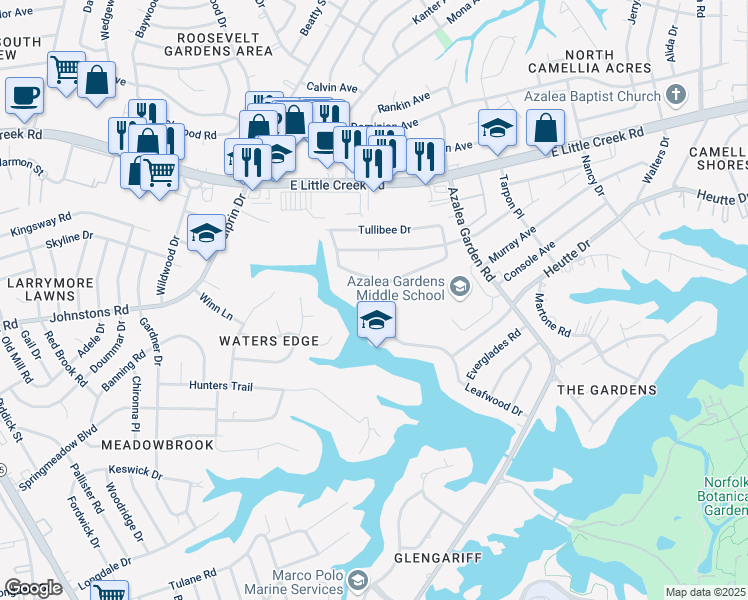 map of restaurants, bars, coffee shops, grocery stores, and more near 7757 Leafwood Drive in Norfolk
