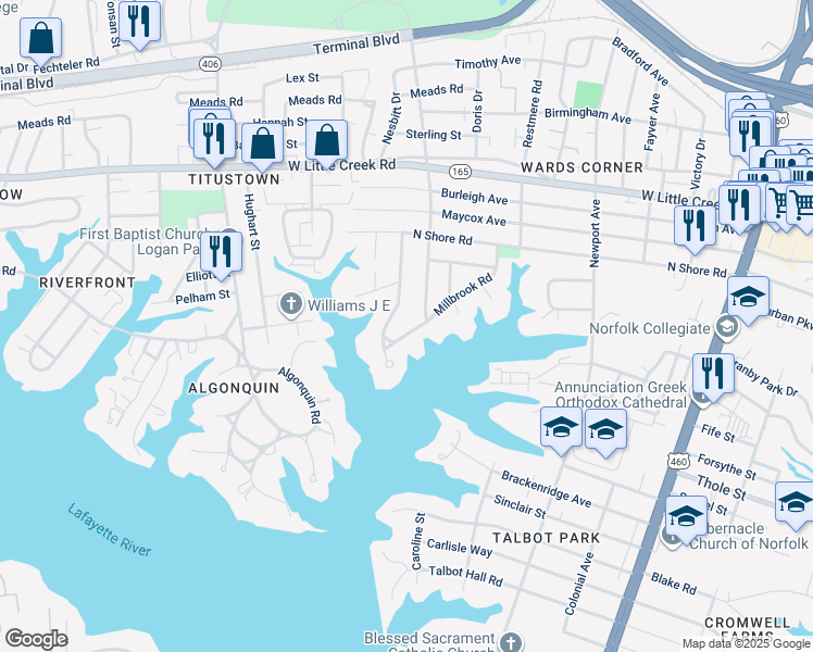 map of restaurants, bars, coffee shops, grocery stores, and more near 7310 Ruthven Road in Norfolk