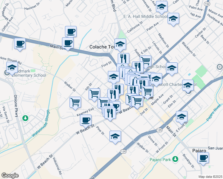 map of restaurants, bars, coffee shops, grocery stores, and more near 550 Rodriguez Street in Watsonville