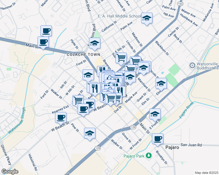 map of restaurants, bars, coffee shops, grocery stores, and more near 444 Main Street in Watsonville