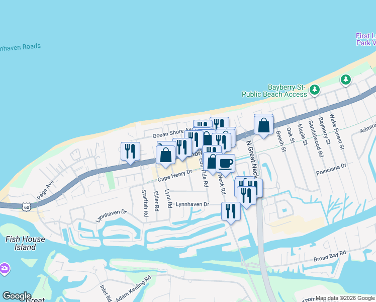 map of restaurants, bars, coffee shops, grocery stores, and more near 2961 Shore Drive in Virginia Beach
