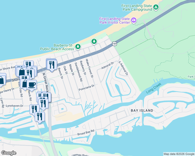 map of restaurants, bars, coffee shops, grocery stores, and more near 2137 West Admiral Drive in Virginia Beach