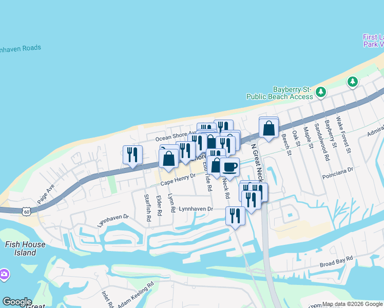 map of restaurants, bars, coffee shops, grocery stores, and more near 2961 Shore Drive in Virginia Beach