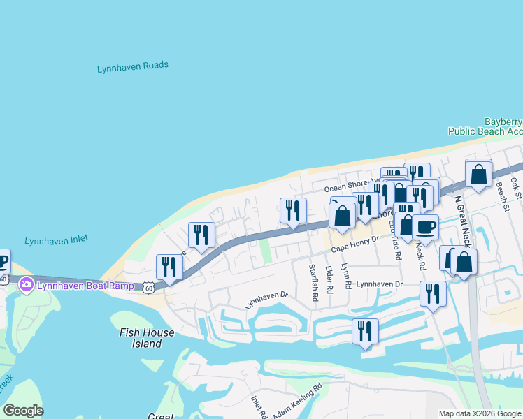 map of restaurants, bars, coffee shops, grocery stores, and more near 2320 Beach Haven Drive in Virginia Beach