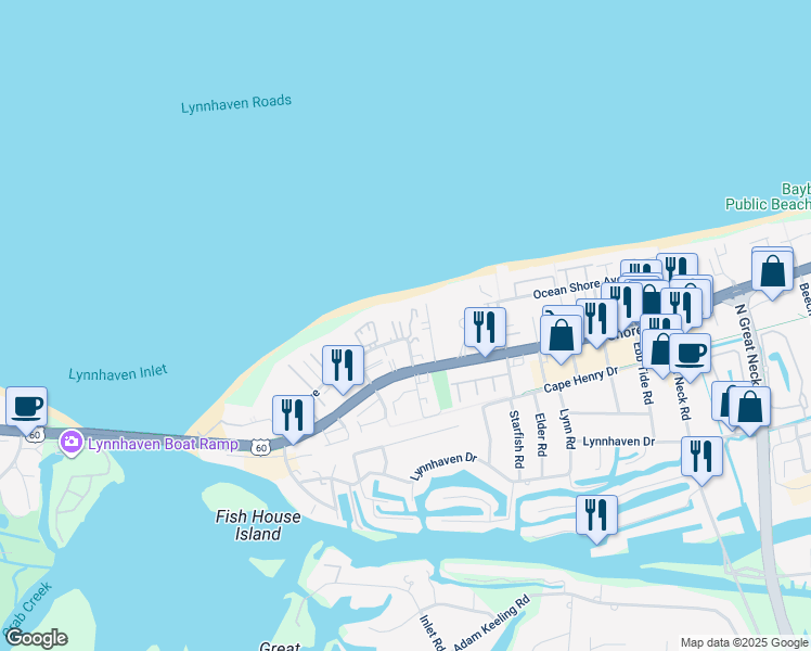 map of restaurants, bars, coffee shops, grocery stores, and more near in Virginia Beach