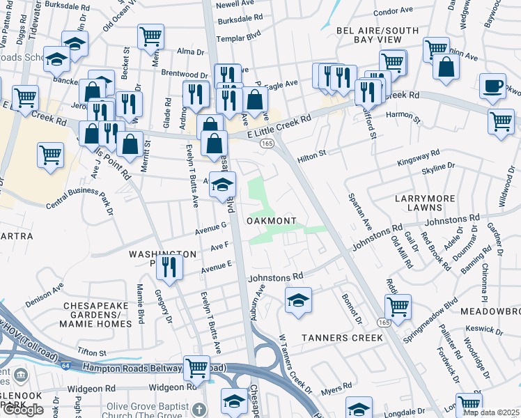 map of restaurants, bars, coffee shops, grocery stores, and more near 7246 Chesapeake Boulevard in Norfolk
