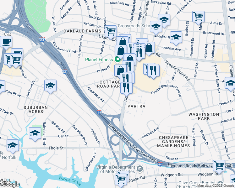 map of restaurants, bars, coffee shops, grocery stores, and more near 616 Biltmore Road in Norfolk