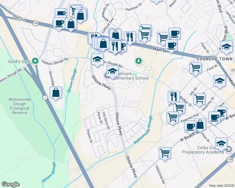 map of restaurants, bars, coffee shops, grocery stores, and more near 32 La Paz Court in Watsonville