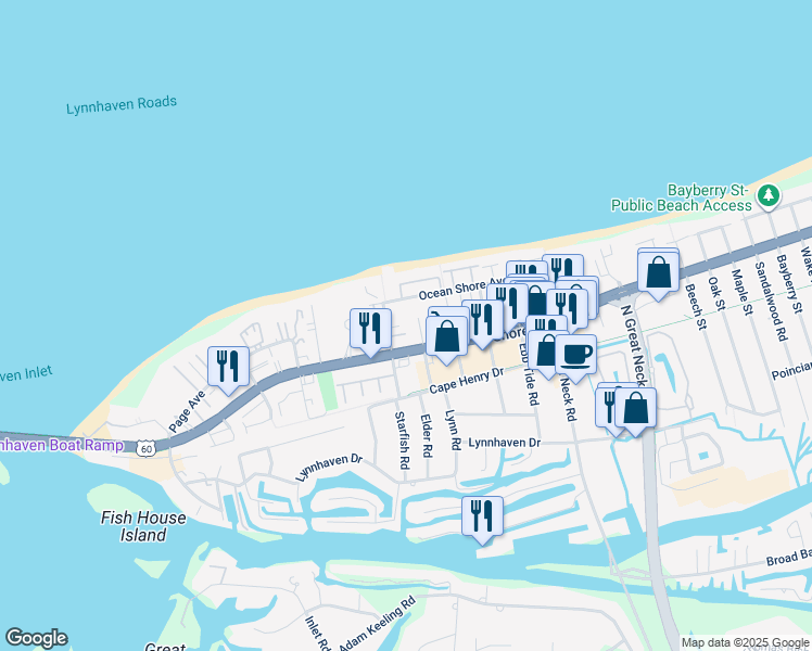 map of restaurants, bars, coffee shops, grocery stores, and more near 2316 Starfish Road in Virginia Beach