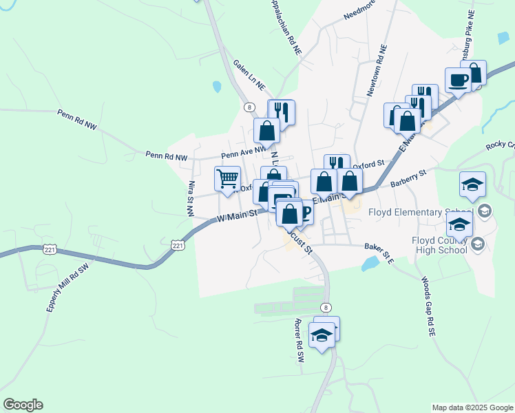 map of restaurants, bars, coffee shops, grocery stores, and more near 204 West Main Street in Floyd
