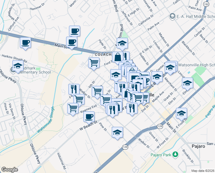 map of restaurants, bars, coffee shops, grocery stores, and more near 130 Kearney Street in Watsonville