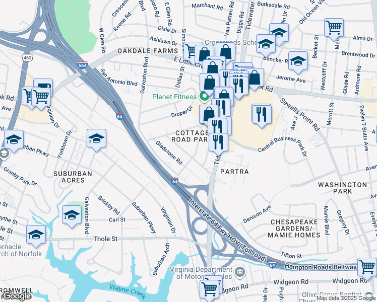 map of restaurants, bars, coffee shops, grocery stores, and more near 516 Biltmore Road in Norfolk