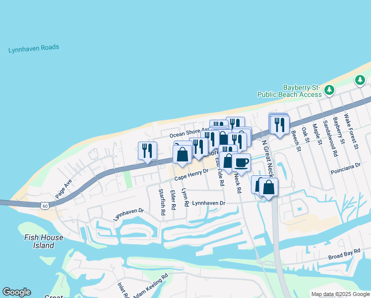 map of restaurants, bars, coffee shops, grocery stores, and more near 2900 Brighton Beach Place in Virginia Beach
