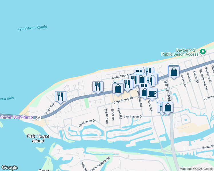 map of restaurants, bars, coffee shops, grocery stores, and more near 3001 Ocean Shore Avenue in Virginia Beach