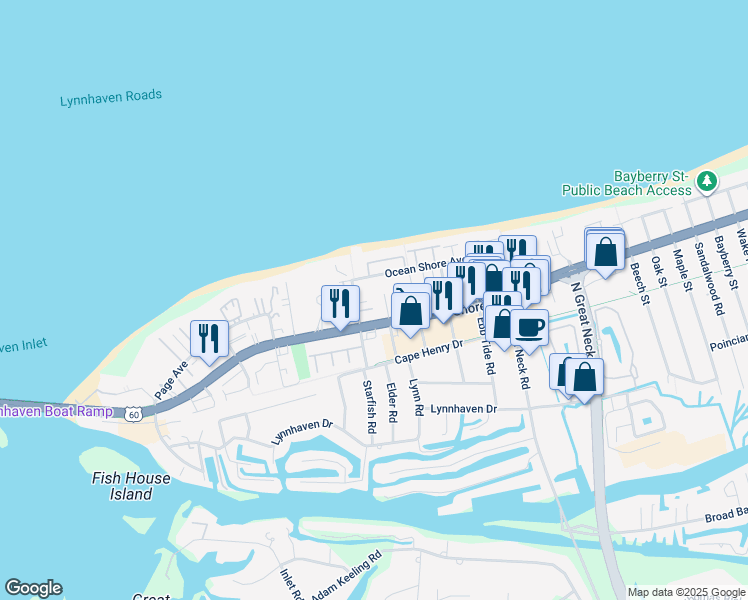 map of restaurants, bars, coffee shops, grocery stores, and more near 2316 Starfish Road in Virginia Beach