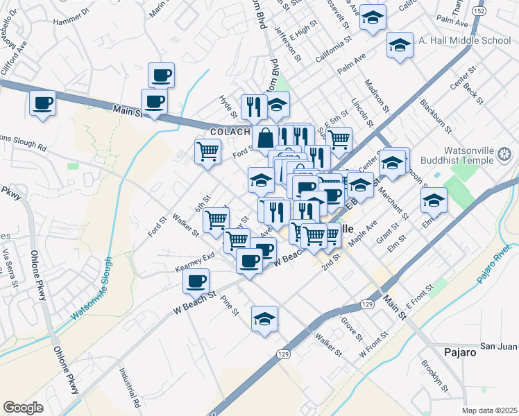map of restaurants, bars, coffee shops, grocery stores, and more near 550 Rodriguez Street in Watsonville